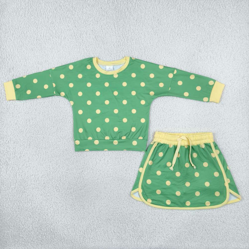 GLD1764  Yellow polka Print long sleeve girl green skirt outfits