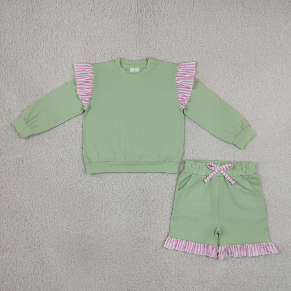 GLS0220 Baby Girls Green  solid Long Sleeve Top Ruffle shorts Fall Clothes Set