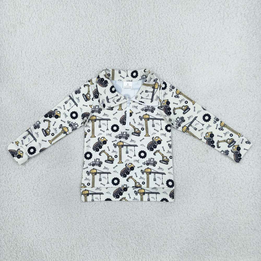 BT1894  Toddler Boys Construction Truck Printed Quarter-Zip Long Sleeve Polo Pullover Top