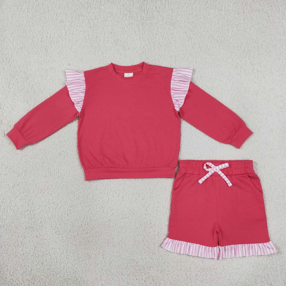 GLS0221  Baby Girls Hot pink solid Long Sleeve Top Ruffle shorts Fall Clothes Set