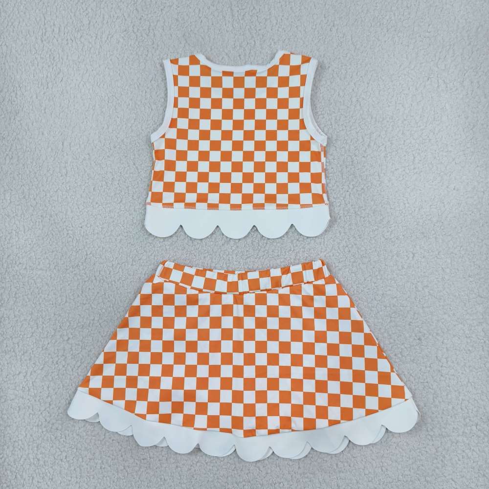 GSD4284 GREY scallop print Red white plaid active girl yoga skirt dress