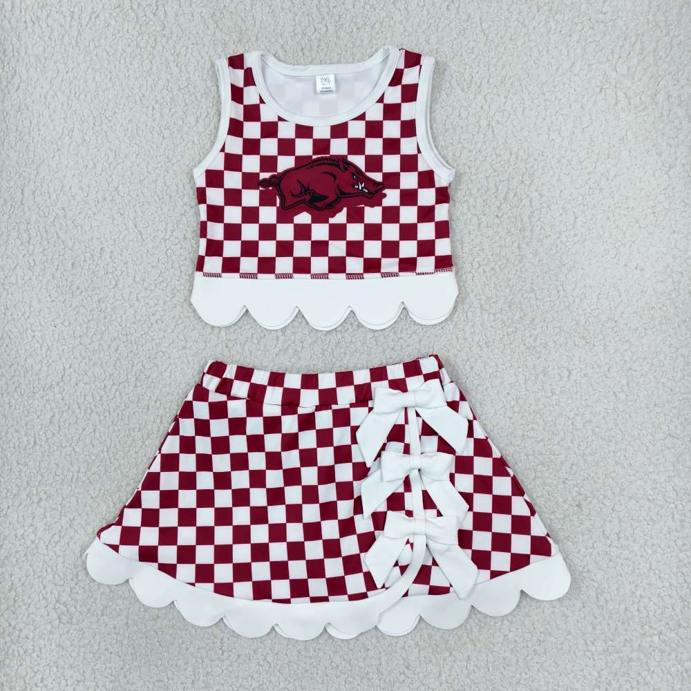 GSD4286 Burgundy plaid scallop print  active girl yoga skirt team dress