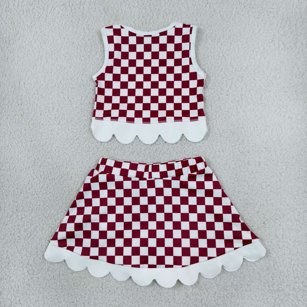 GSD4286 Burgundy plaid scallop print  active girl yoga skirt team dress