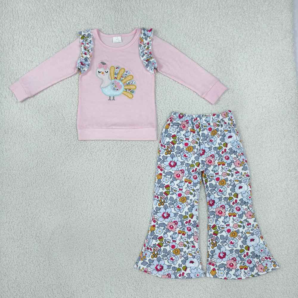 GLP3597 Pink flowers thanksgiving day turkey embroidery long sleeve girl outfits