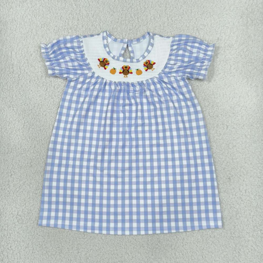 GSD4250 Blue plaid thanksgiving day turkey Smock plaid girl short sleeve dress