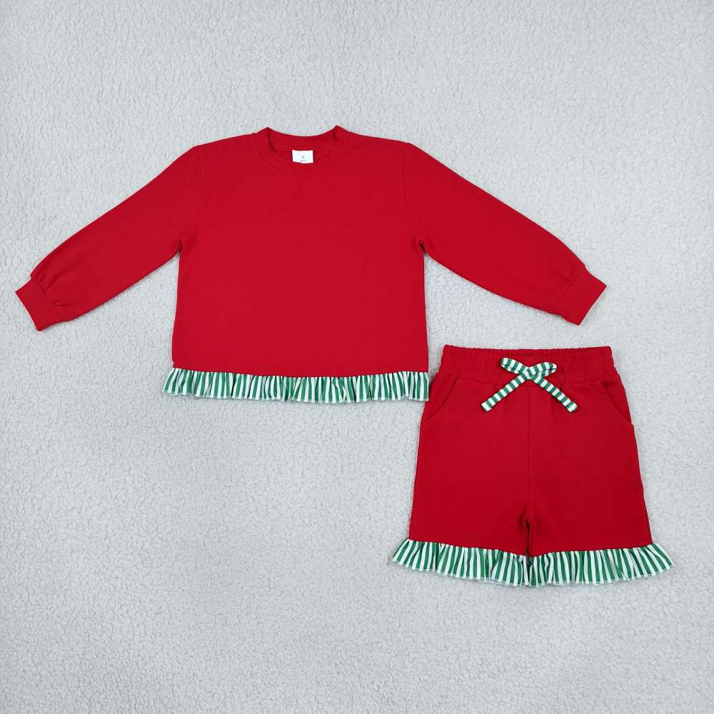 GLS0217  Baby Girls red solid Long Sleeve Top Ruffle shorts Fall Clothes Set