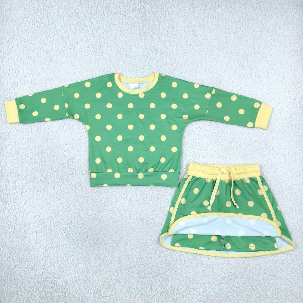 GLD1764  Yellow polka Print long sleeve girl green skirt outfits