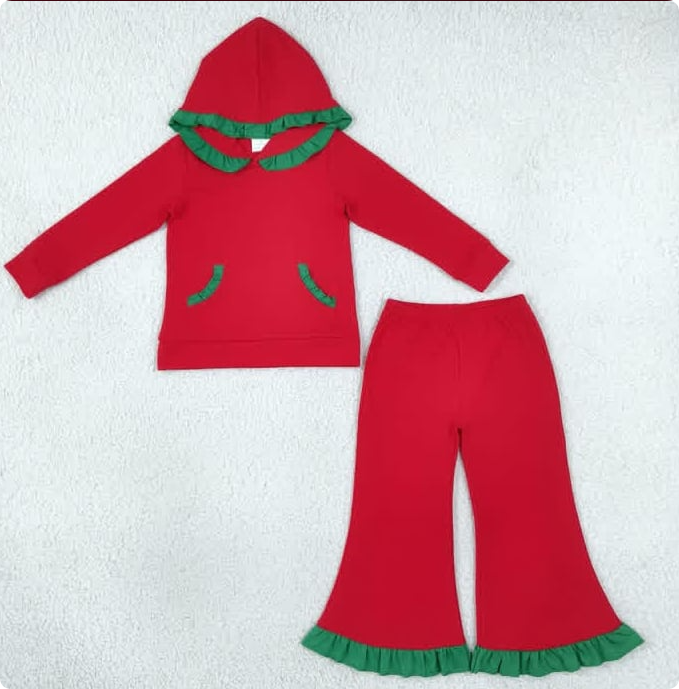 GLP3751 Baby Boys Red Green Pocket Ruffle Hoodie Flare Pant Clothes Set