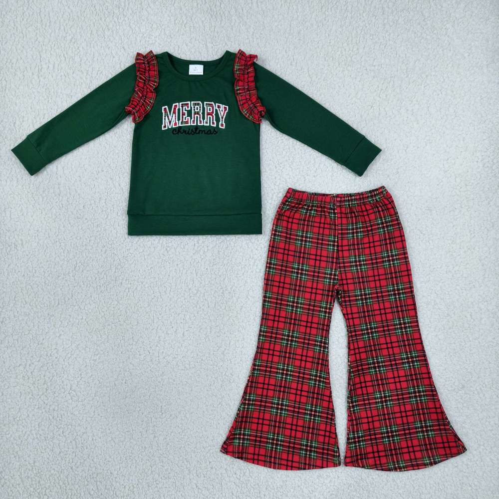 GLP3595 Baby Girls MERRY Christmas embroidery flared Pant Christmas Clothes Set