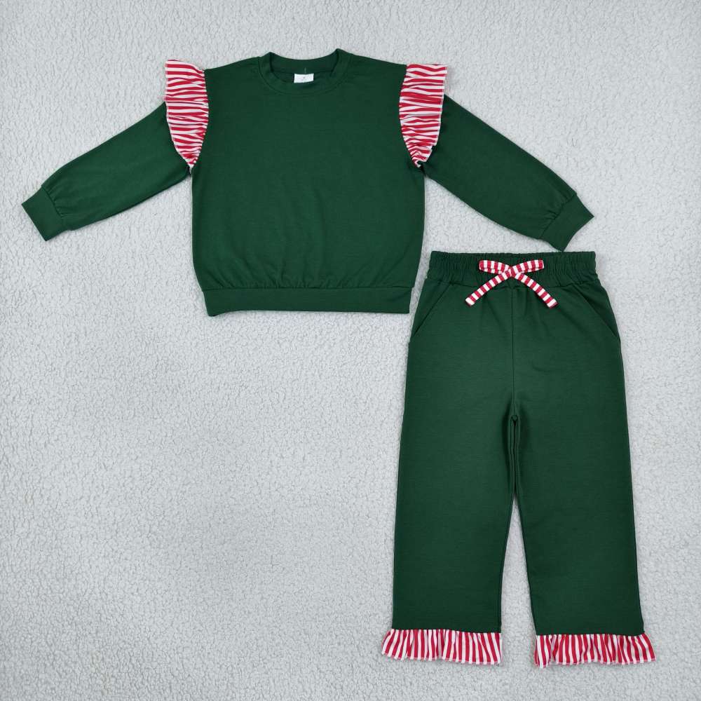 GLP3703  Baby Girls green solid Long Sleeve Top Ruffle Pant Fall Clothes Set