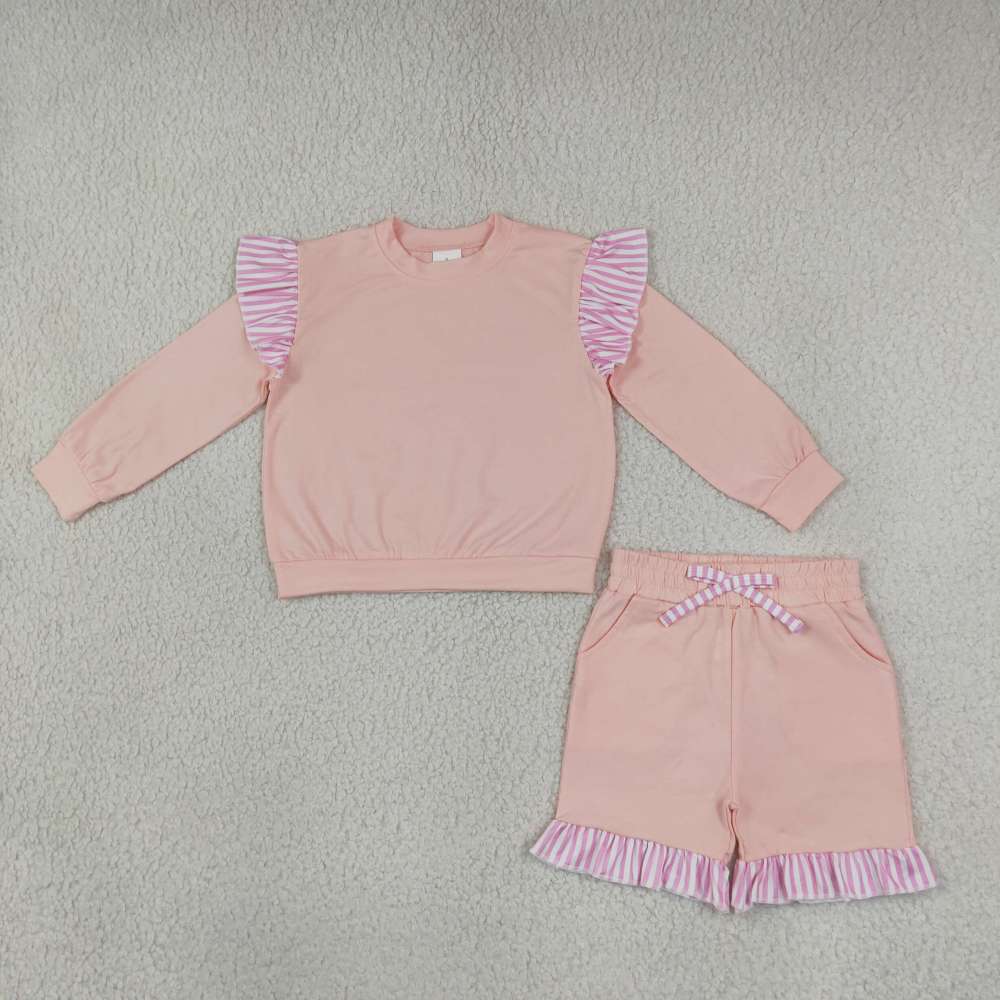 GLS0222 Baby Girls Orange solid Long Sleeve Top Ruffle shorts Fall Clothes Set