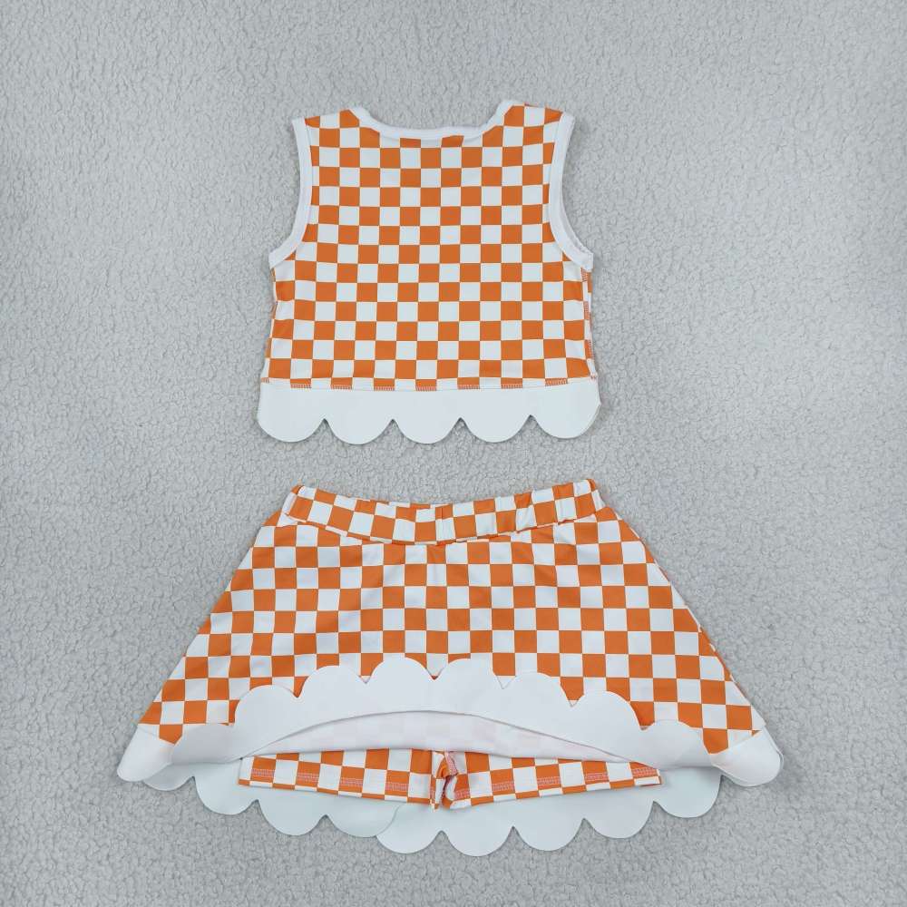 GSD4284 GREY scallop print Red white plaid active girl yoga skirt dress