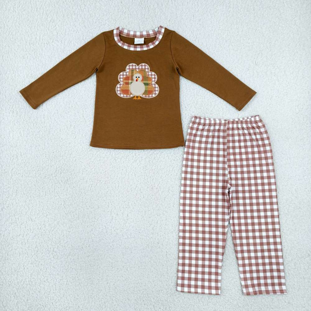 BLP1516  RTS Brown thanksgiving day turkey embroidery long sleeve boy outfits