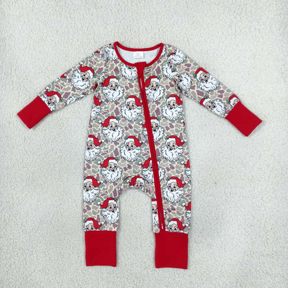 LR3345  red camo Christmas santa print Long-Sleeved zipper romper