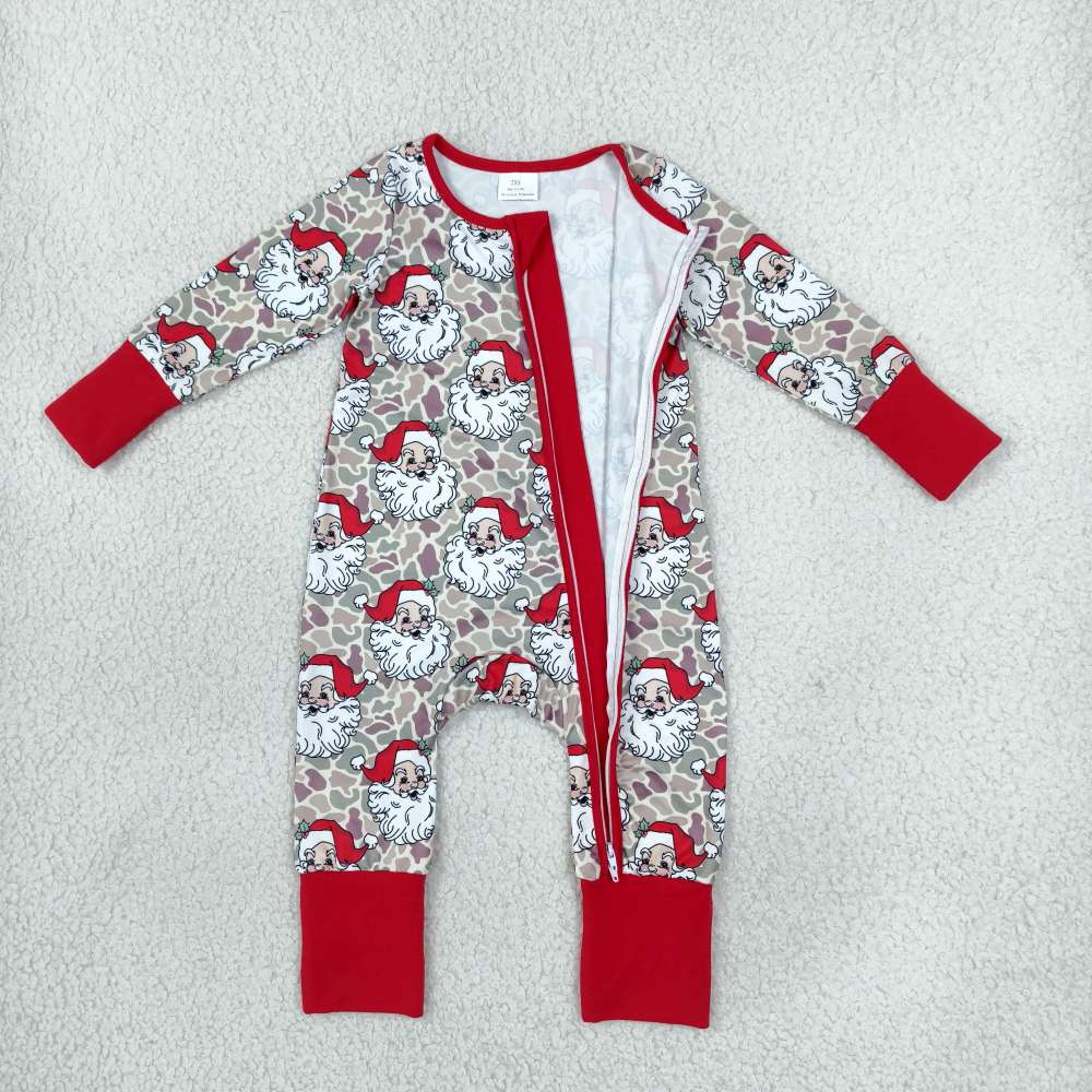 LR3345  red camo Christmas santa print Long-Sleeved zipper romper