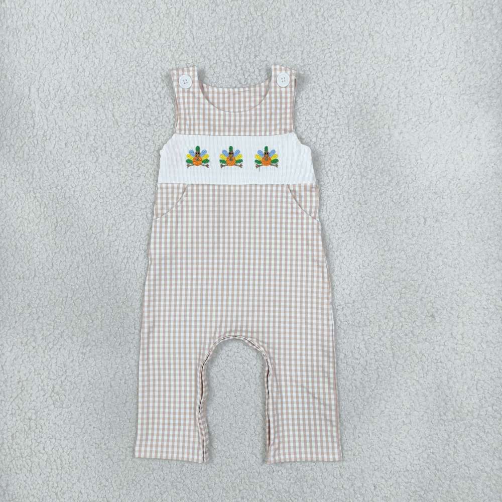SR4277  Brown plaid thanksgiving day turkey smock  short-Sleeved zipper romper