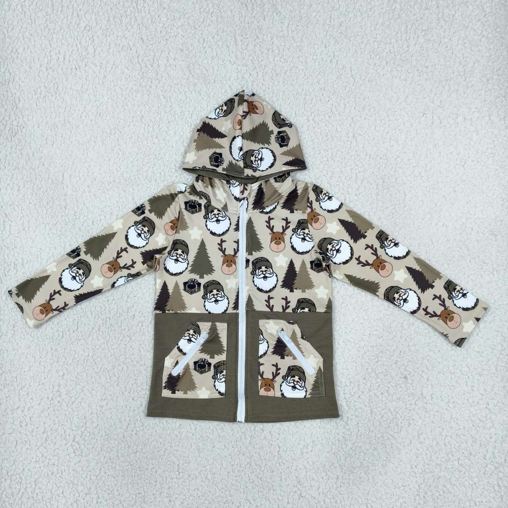 BT1328 Christmas santa deer print boy long sleeve zipper hoodie pullover