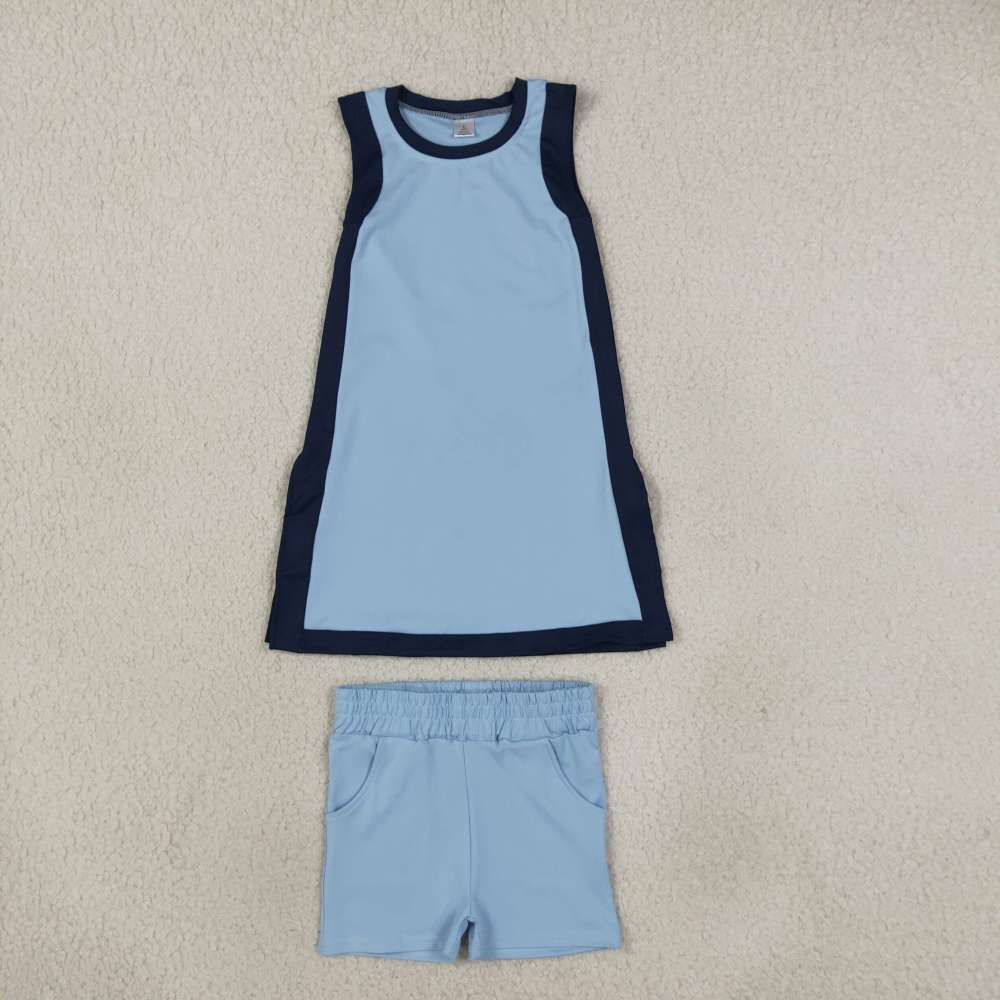 GSSO3847 Blue solid Print sleeveless girl short yoga outfits