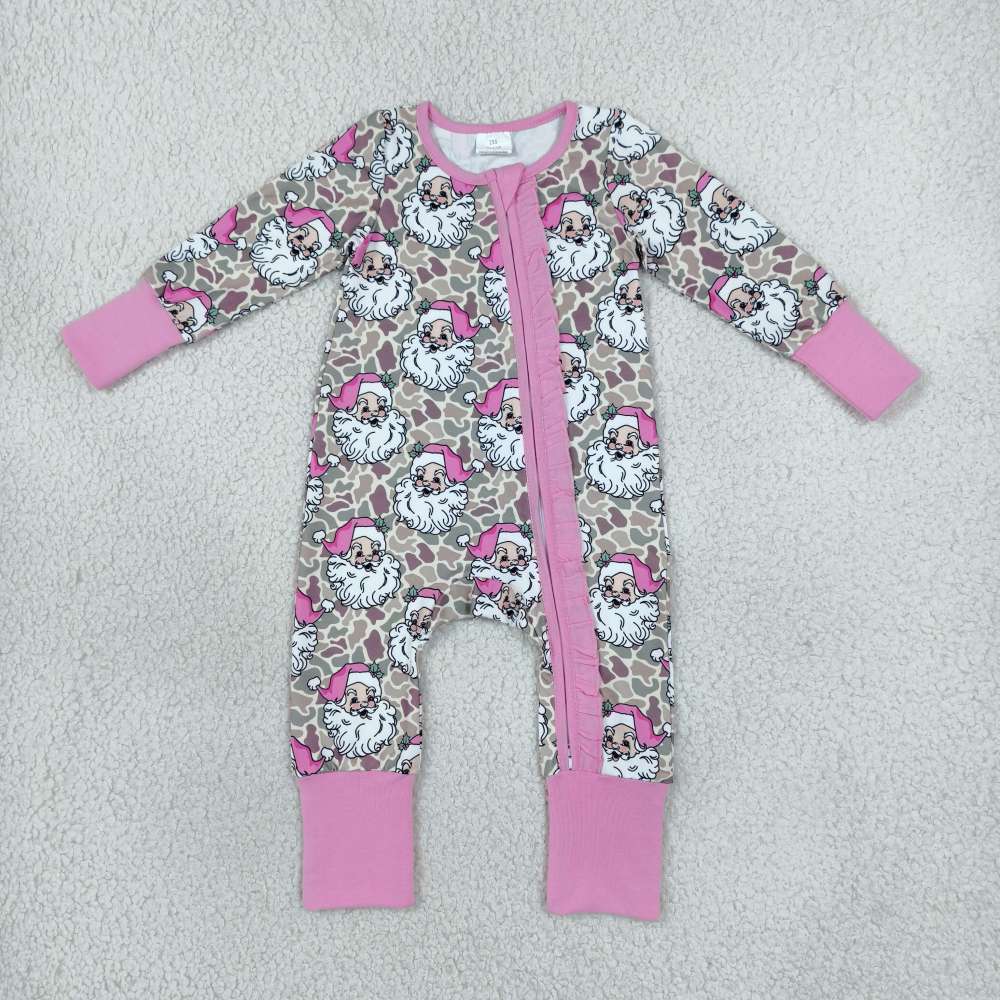 LR3305 Pink camo Christmas santa print Long-Sleeved zipper romper