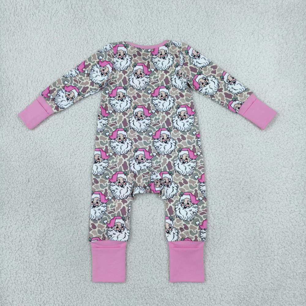 LR3305 Pink camo Christmas santa print Long-Sleeved zipper romper