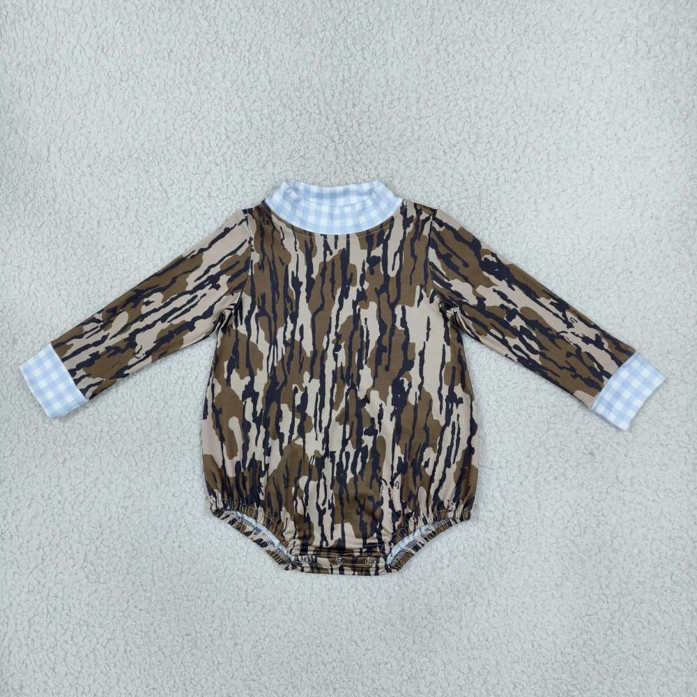 LR3297  Baby Olive camo Long Sleeve Blue plaid mock neck Rompers