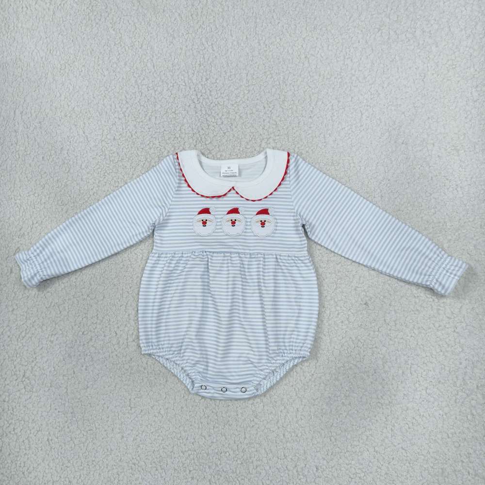 LR3136 Blue stripe Christmas santa embroidery Long-Sleeved romper