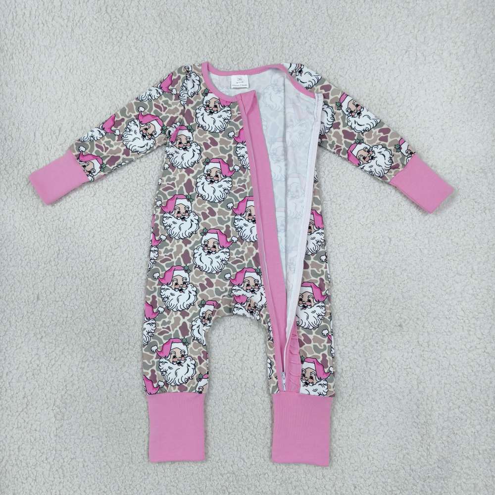 LR3305 Pink camo Christmas santa print Long-Sleeved zipper romper