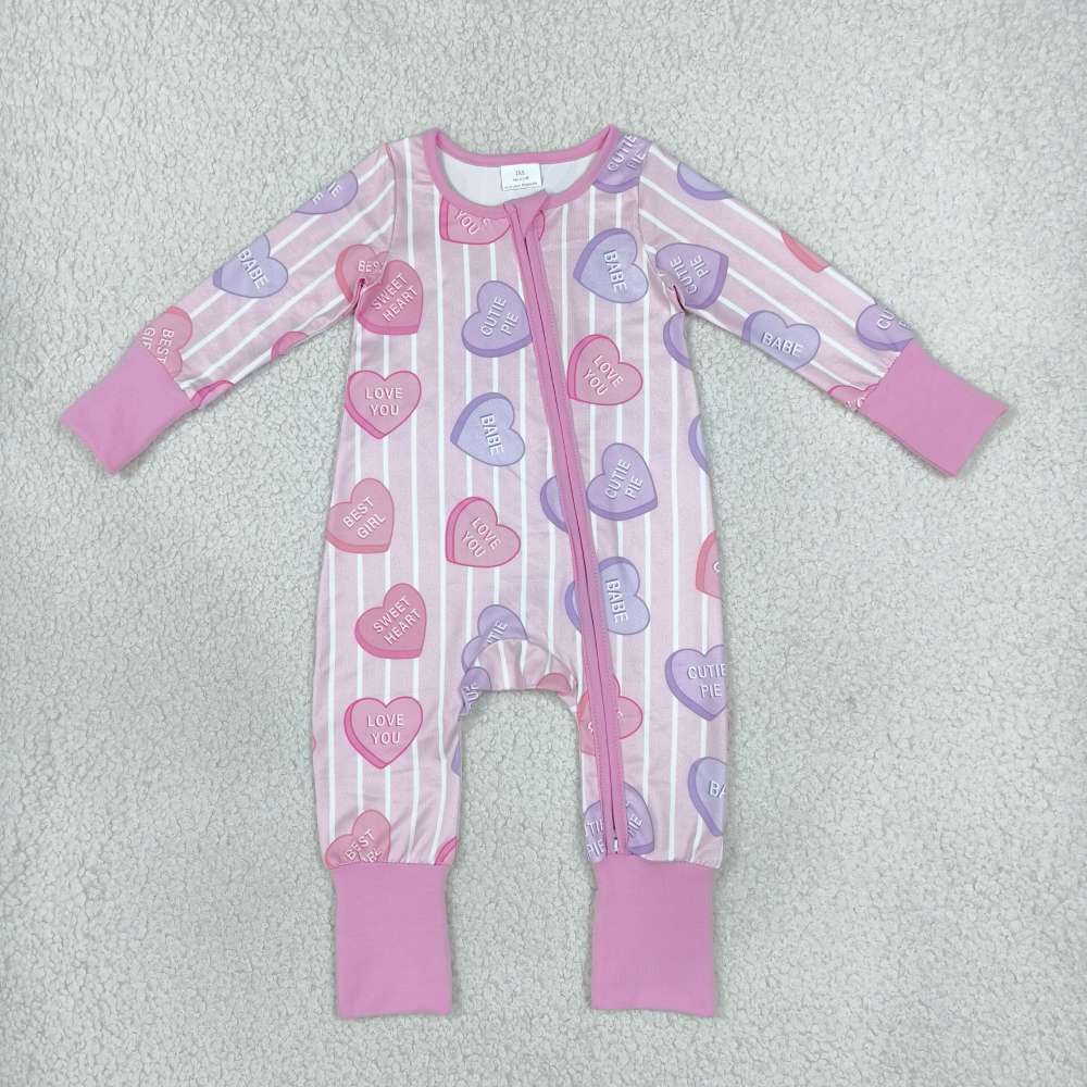 LR3325 pink purple stripe valentine's heart best girl print Long-Sleeved zipper romper