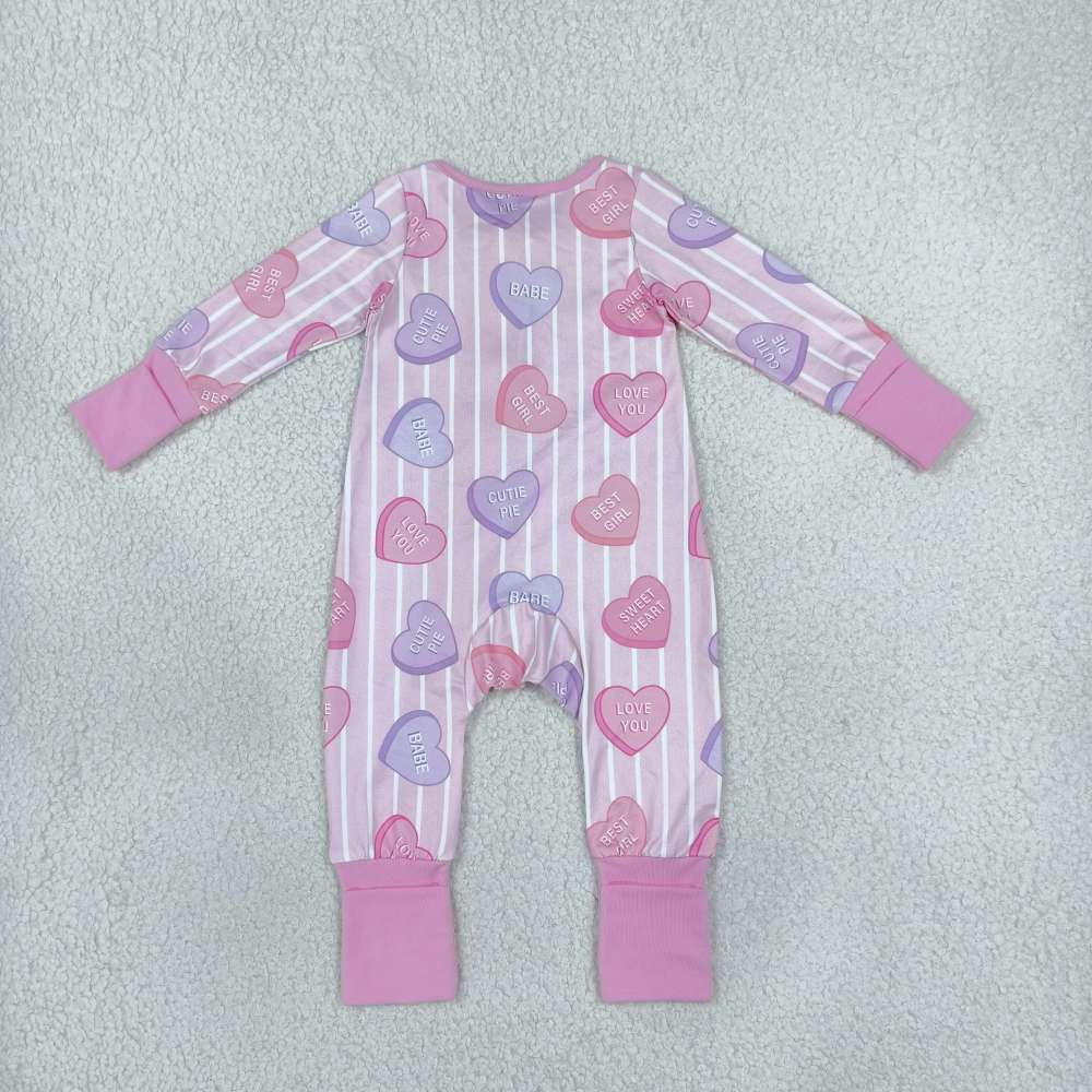 LR3325 pink purple stripe valentine's heart best girl print Long-Sleeved zipper romper