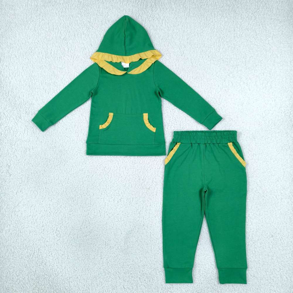 GLP3569  Green solid check yellow floral lace Print long sleeve hoodie  girl outfits