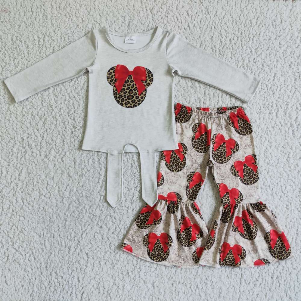 6 A22-2 girl leopard cartoon bows print  Long Sleeve Pants Set
