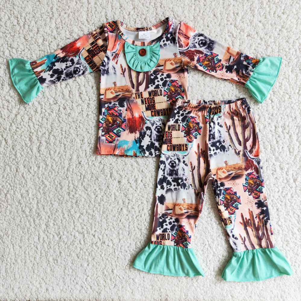 6A7-4 Western howdy cactus print  Long Sleeve Pants Set