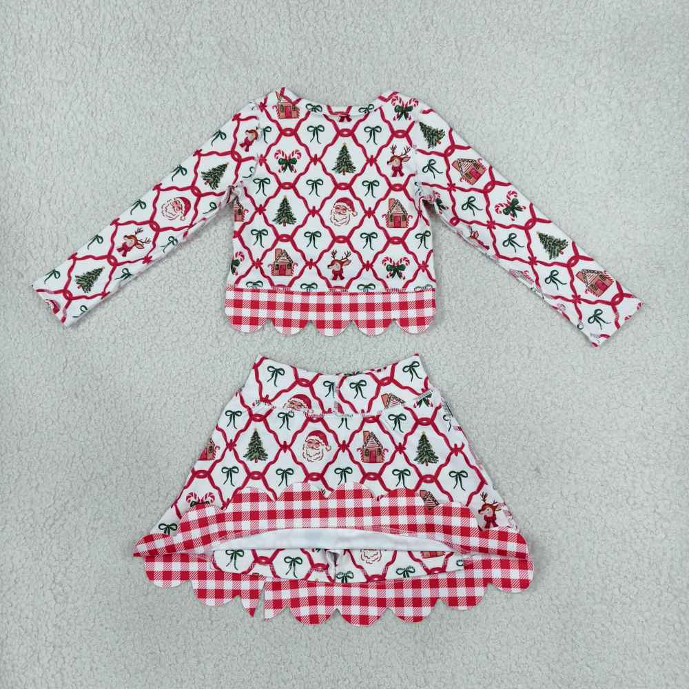 GSD4286 Burgundy plaid scallop print  active girl yoga skirt team dress