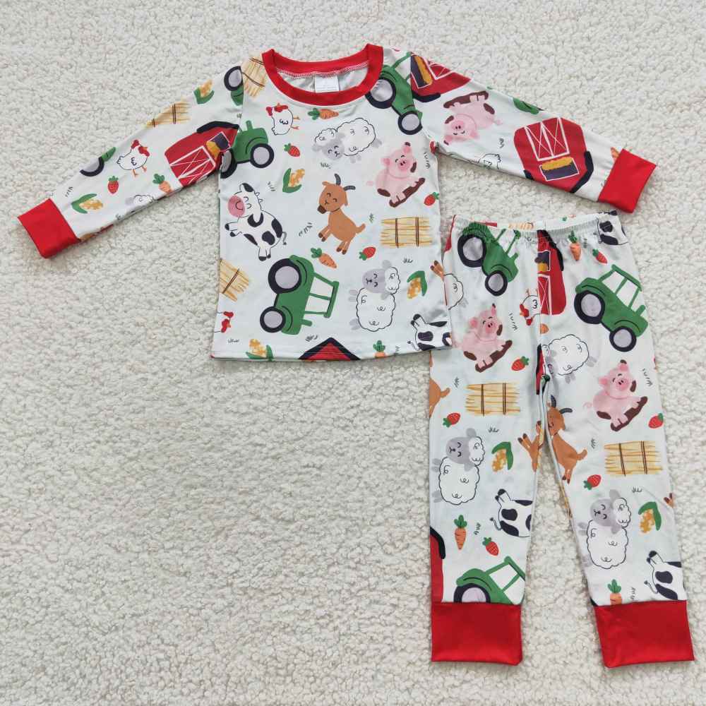 BLP0197  boy Green tractor farm style  print long sleeve fall outfits