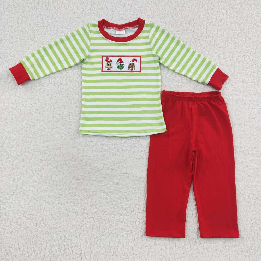 BLP0199  boy green stripe cartoon embroidery  print long sleeve fall outfits