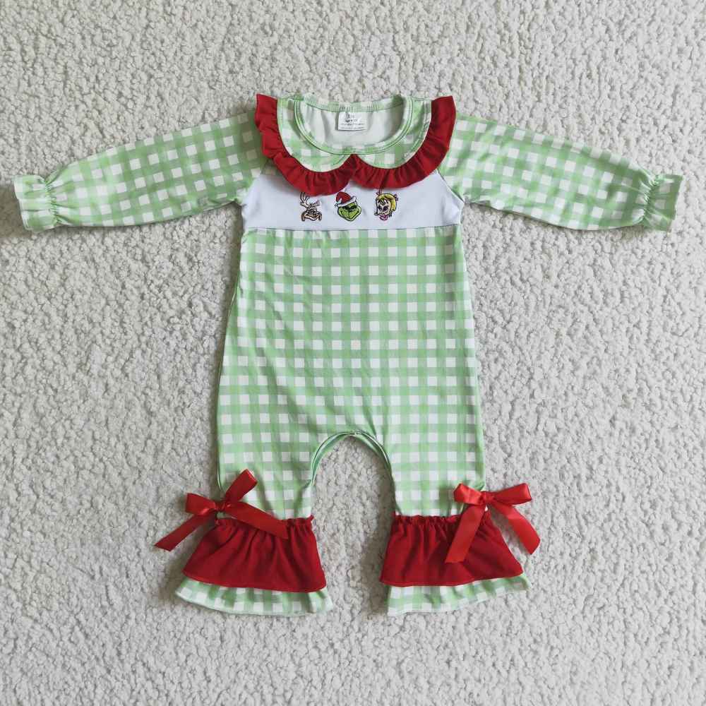 LR0018  Girl's green plaid green face girl embroidery Christmas  Romper