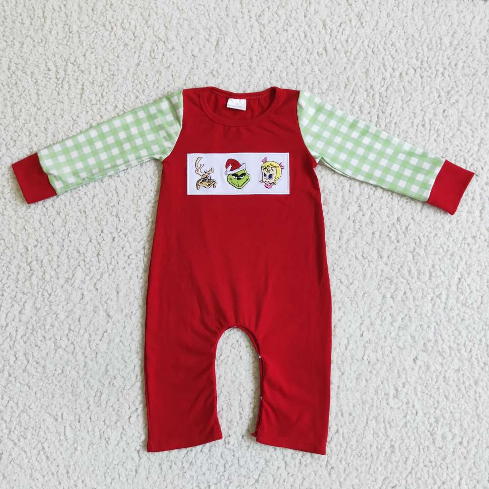 LR0019  Girl's green plaid green face girl embroidery Christmas  Romper