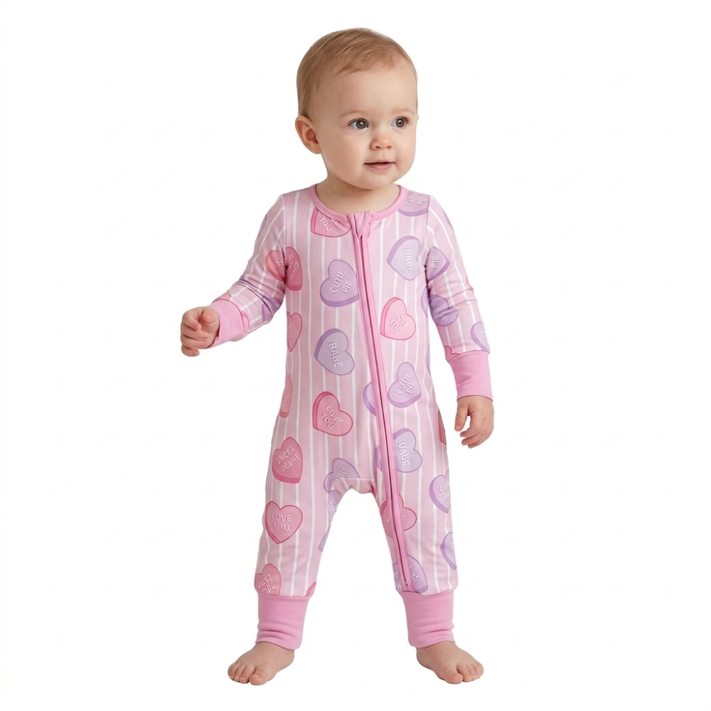 LR3325 pink purple stripe valentine's heart best girl print Long-Sleeved zipper romper