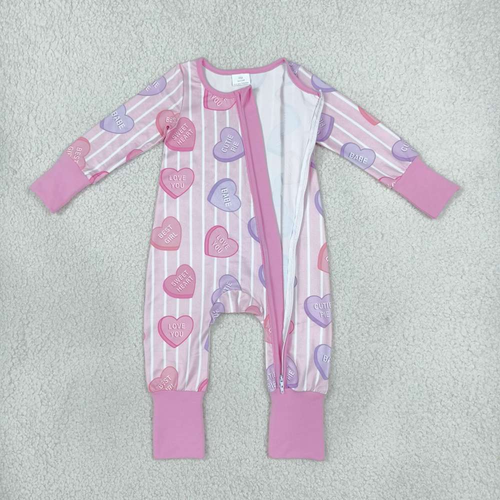 LR3325 pink purple stripe valentine's heart best girl print Long-Sleeved zipper romper