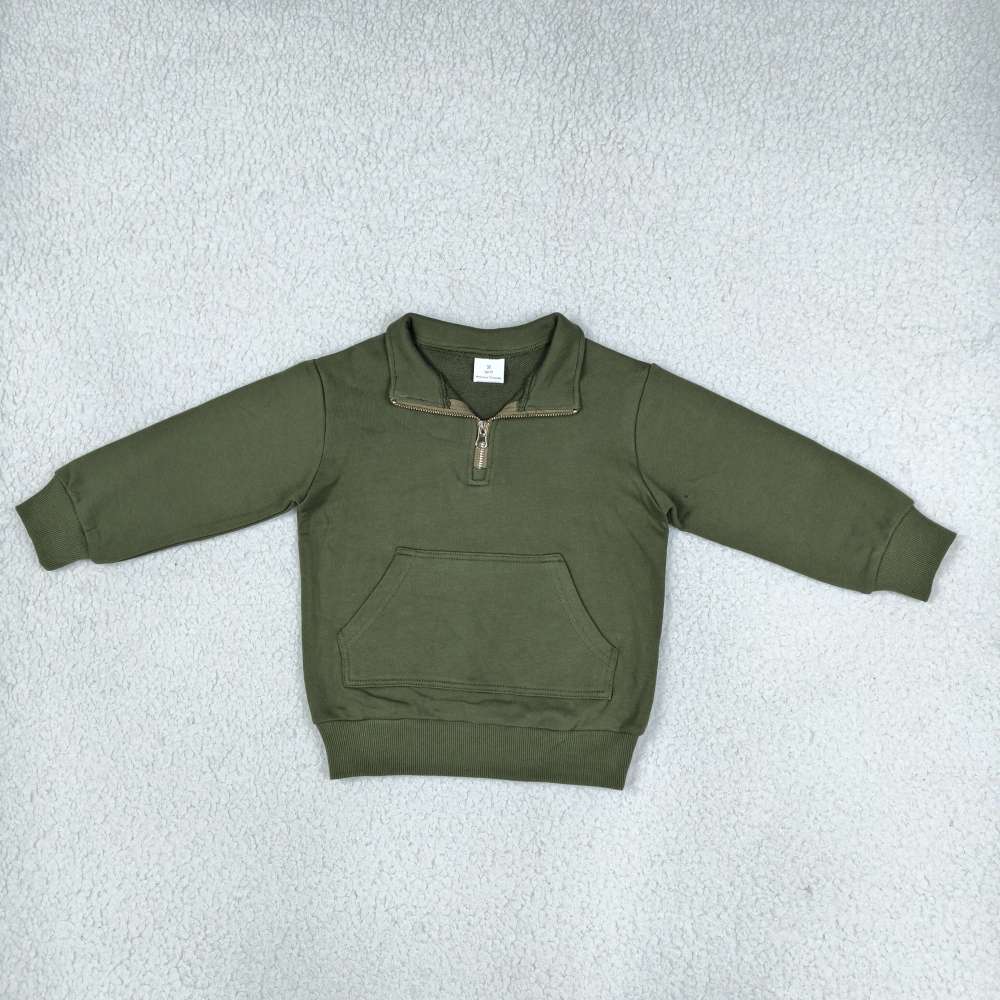 GT1767  Toddler Green solid Printed Quarter-Zip Long Sleeve Polo sweater Pullover Top