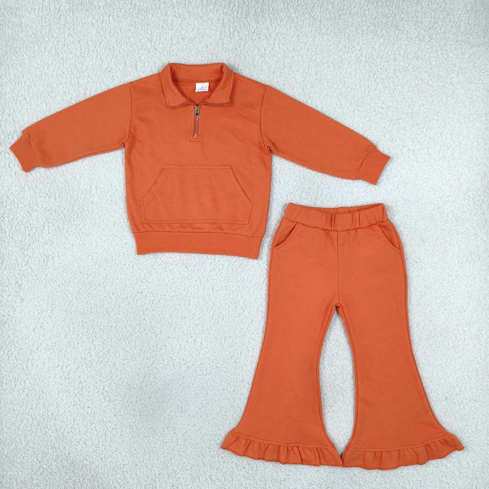 GLP3490 Orange solid  Print long sleeve zipper girl sweater pocket outfits
