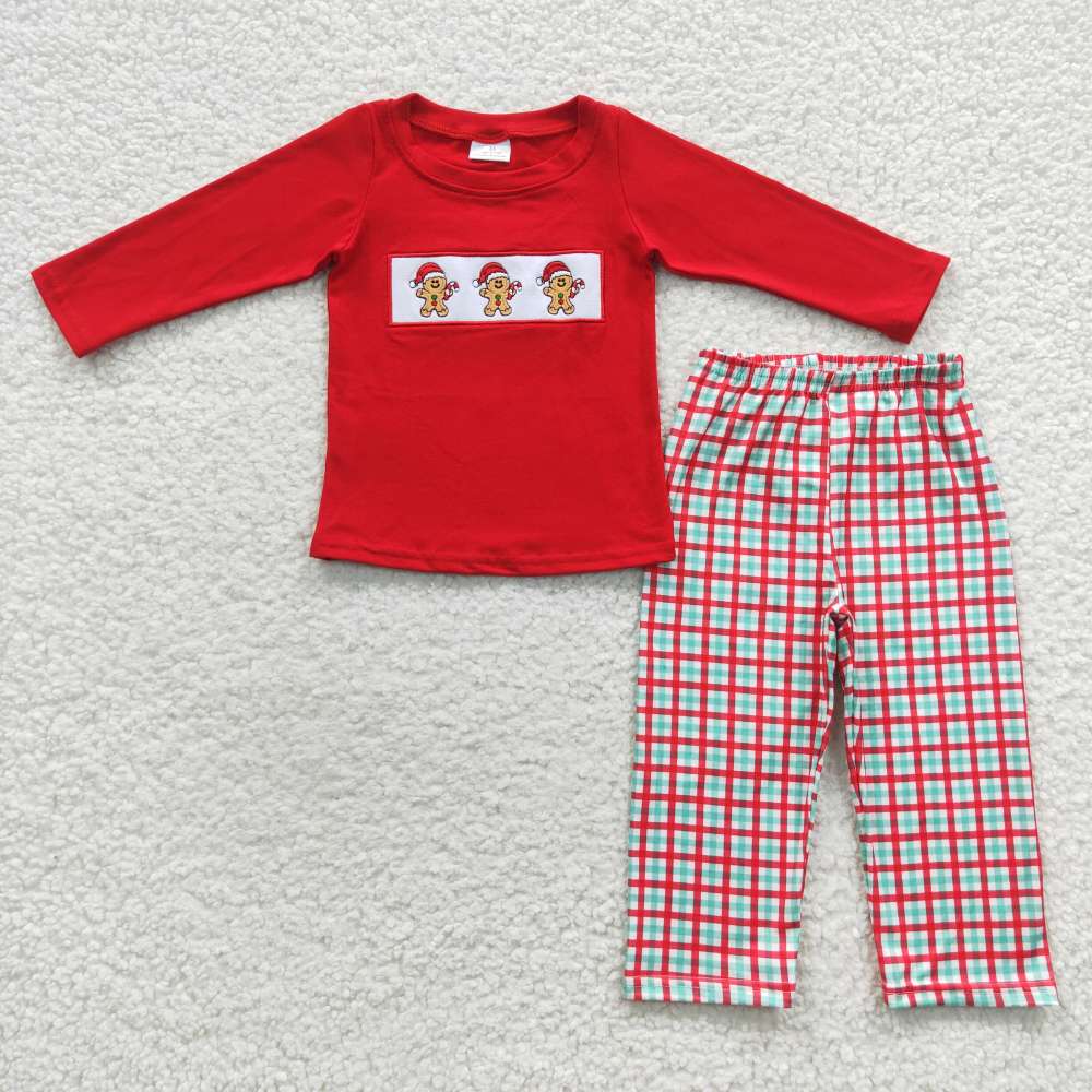 BLP0202 boy red Christmas gingerbread embroidery  Long Sleeve Pants Set