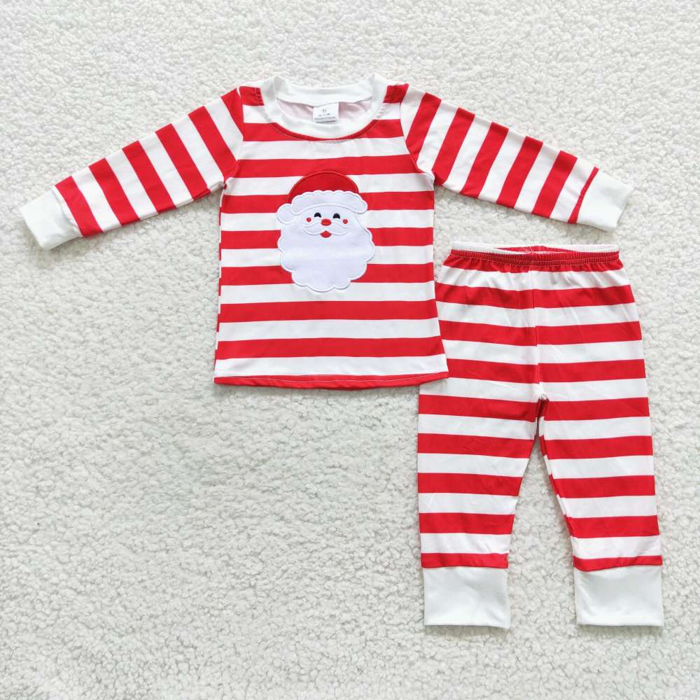 BLP0204  boy red stripe  Christmas santa embroidery  Long Sleeve Pants Set