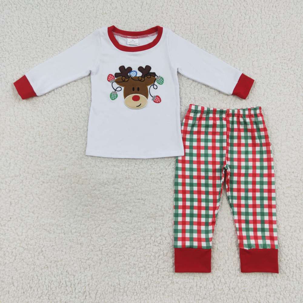 BLP0218  boy Christmas deer embroidery  Long Sleeve Pants Set