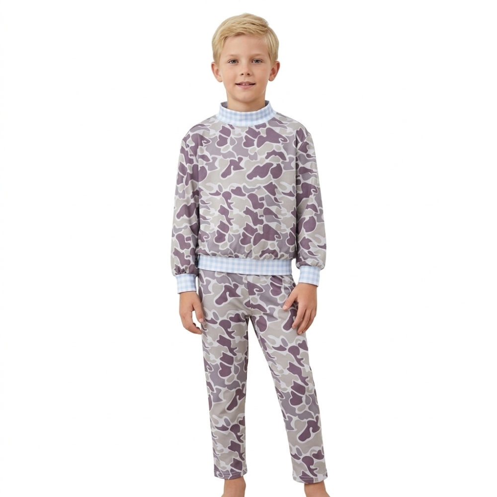 BLP1567 camo solid Blue plaid long sleeve boy mock neck outfits