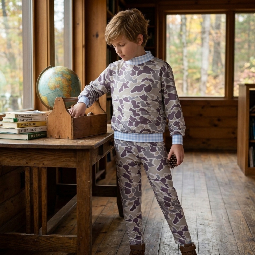 BLP1567 camo solid Blue plaid long sleeve boy mock neck outfits