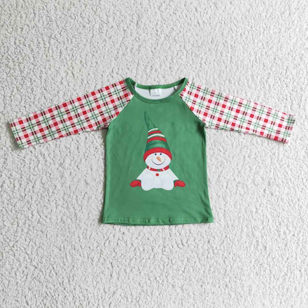 BT0077 boy Christmas snowman embroidery Long Sleeve t-shirt