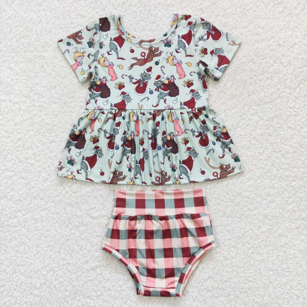 GBO0187  girl green face christmas print short sleeve fall bummies