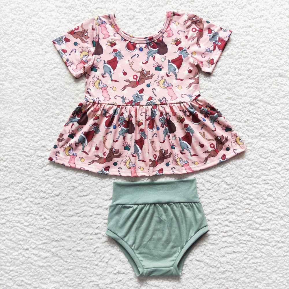 GBO0188  girl green face christmas print short sleeve fall bummies