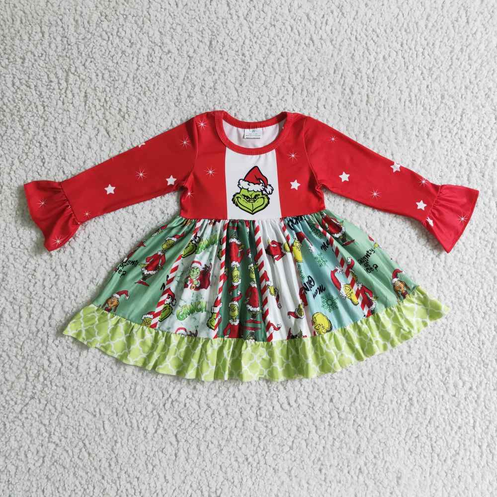 GLD0099 girl green face christmas print LONG sleeve Dress